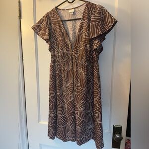 Brown and white print empire waist, short sleeve dress